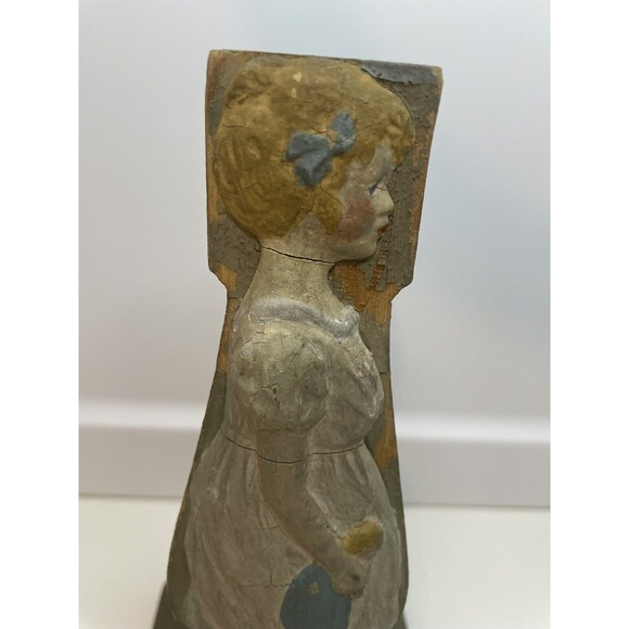 Antique Wooden Candlestick Holder Girl Carrying A Toy Cracks - Picture 2 of 10